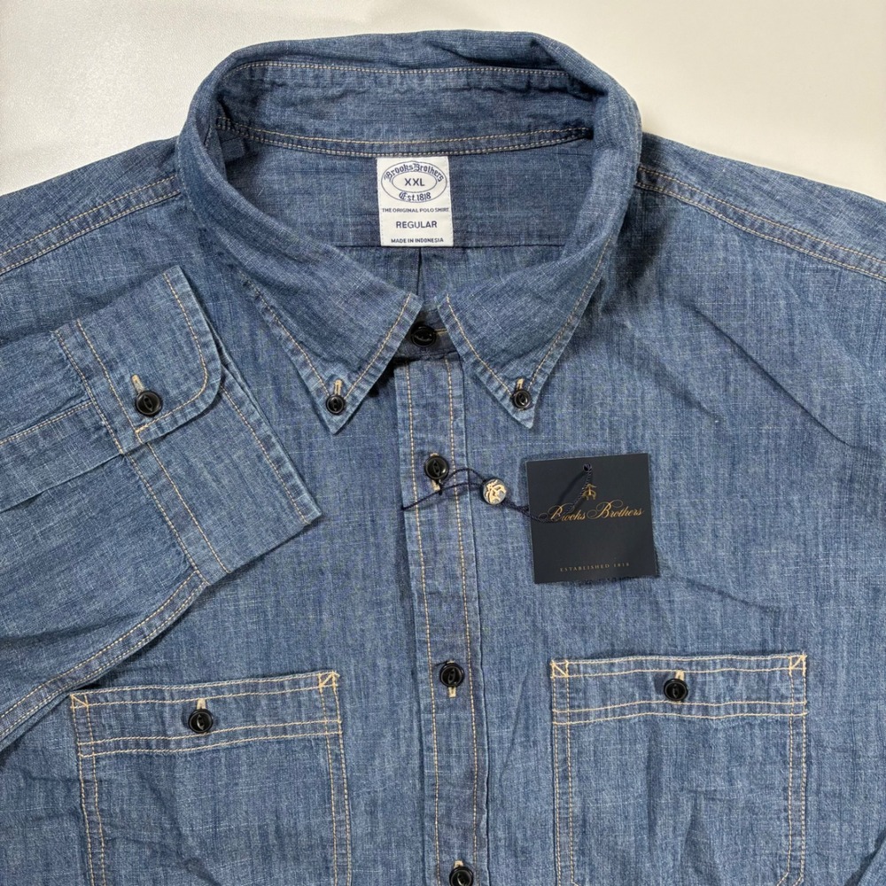NEW Brooks Brothers Chambray Shirt 2XL Blue Regular Western Button Down Work